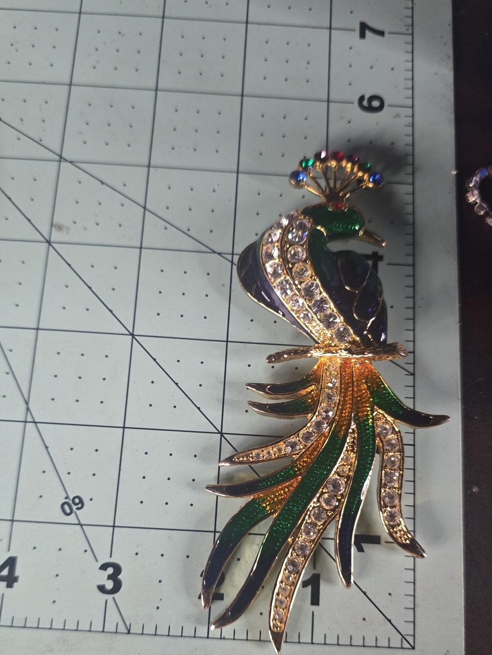 Gold-Tone Peacock Brooch with Green and Purple Enamel and Clear Crystals